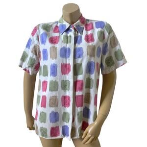 ALFRED DUNNER Womens Size 16 Vintage Short Sleeve Linen Blend Button Front Shirt